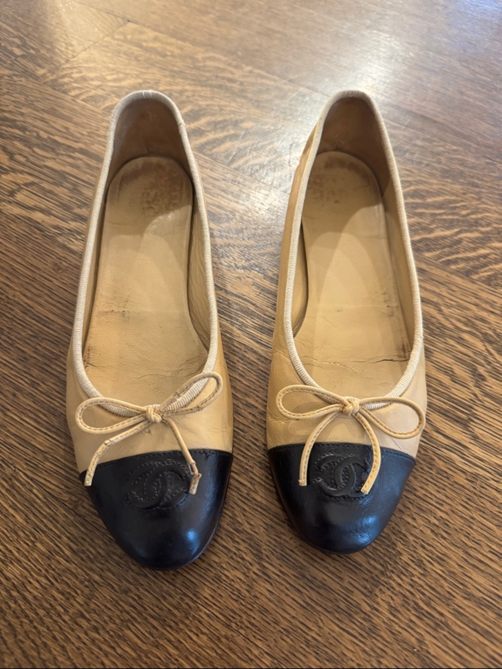 Chanel Beige and Black Two-Tone Leather Ballet Flats